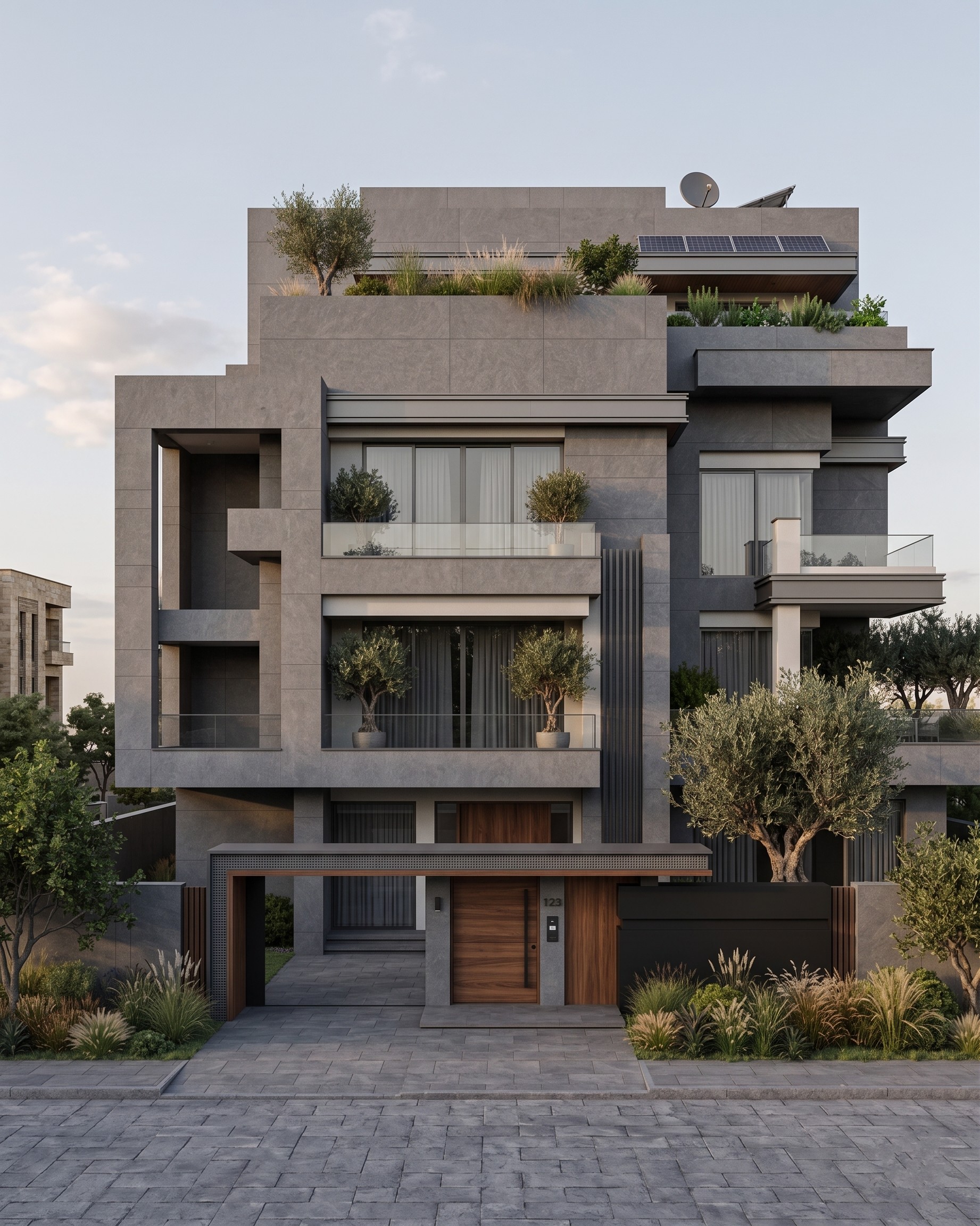 Exterior residential project with strong massing